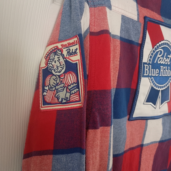 Pabst Blue Ribbon Men's Red and Blue Plaid Casual Button Down Shirt - Picture 3 of 4